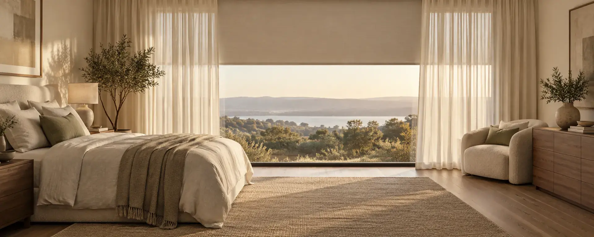 Quarto com cortinas claras de linho e persiana rolô diante de janela ampla com vista para o lago