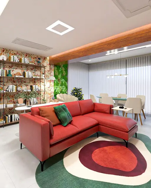 Sala com tapete personalizado em formato orgânico colorido