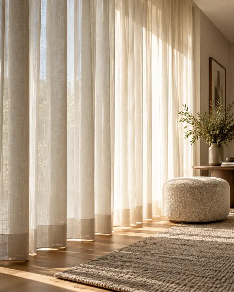 Cortinas claras de linho com caimento suave e luz natural