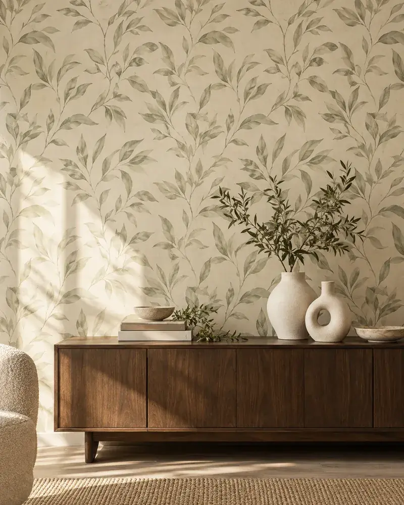 Papel de parede com estampa botânica em tons neutros, aparador de madeira e vasos decorativos